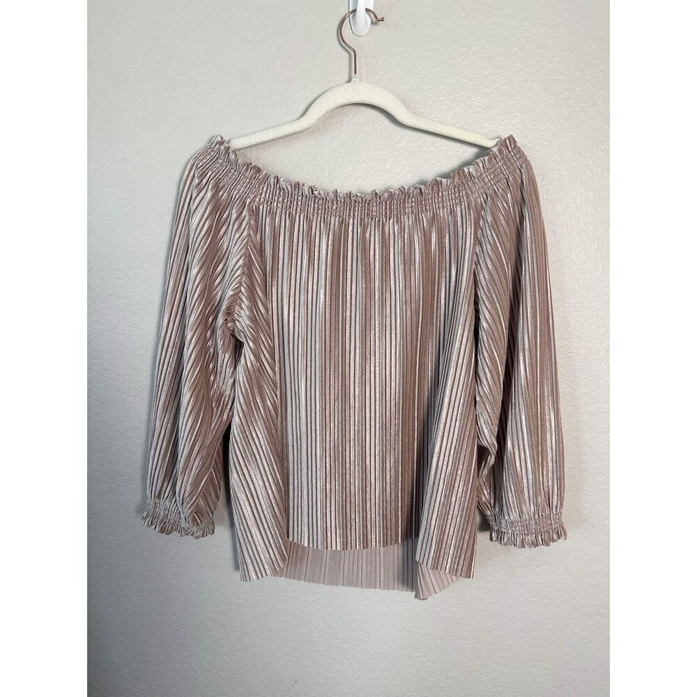 Banana Republic Pleated Velvet Off the Shoulder Top Champagne Gold Blouse M Chic - Picture 2 of 7